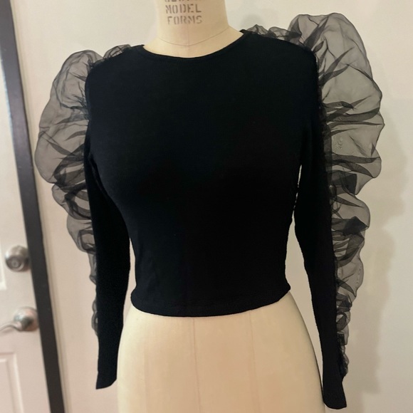 Zara Black Sheer Sleeves Ribbed Top - Picture 4 of 8